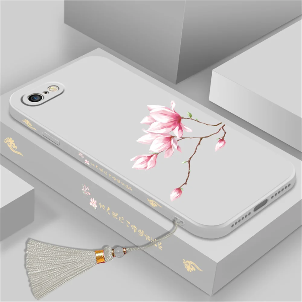 Mobilný Telefón puzdro pre iPhone 7/8 Kvetinový Vzor, Mäkké Ochranné Puzdro Tekutý Silikónový Anti-jeseň Shell s Strapec Ornament 2