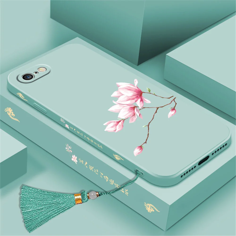 Mobilný Telefón puzdro pre iPhone 7/8 Kvetinový Vzor, Mäkké Ochranné Puzdro Tekutý Silikónový Anti-jeseň Shell s Strapec Ornament 4