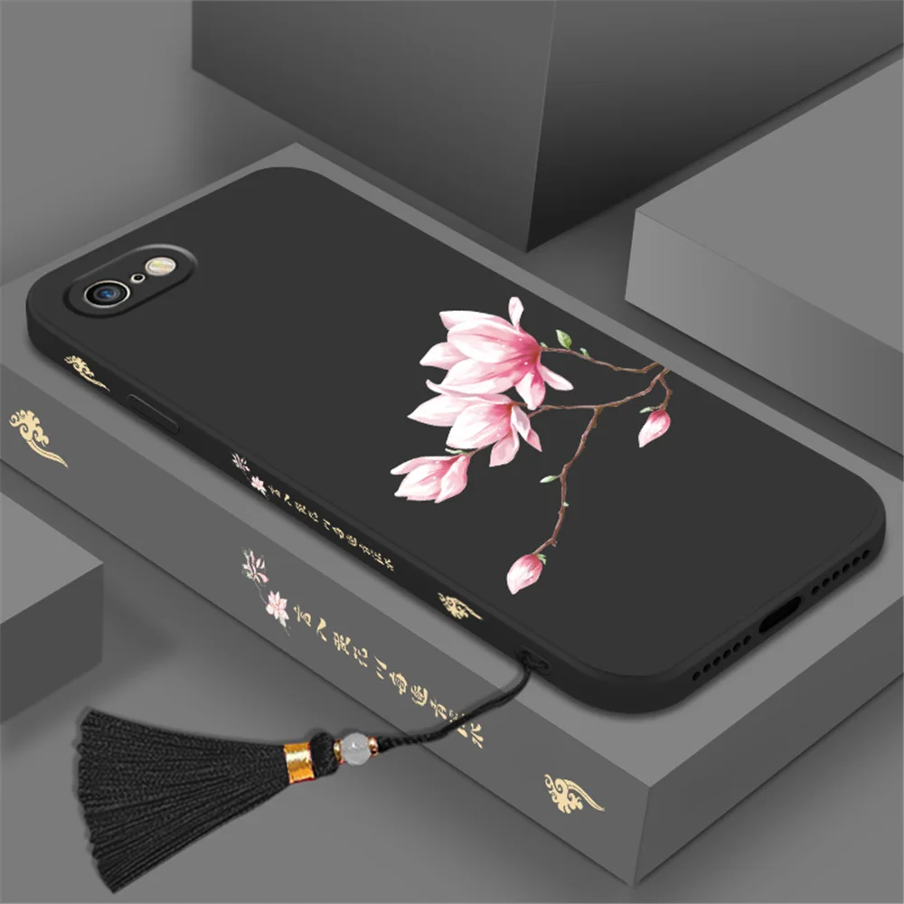 Mobilný Telefón puzdro pre iPhone 7/8 Kvetinový Vzor, Mäkké Ochranné Puzdro Tekutý Silikónový Anti-jeseň Shell s Strapec Ornament 5