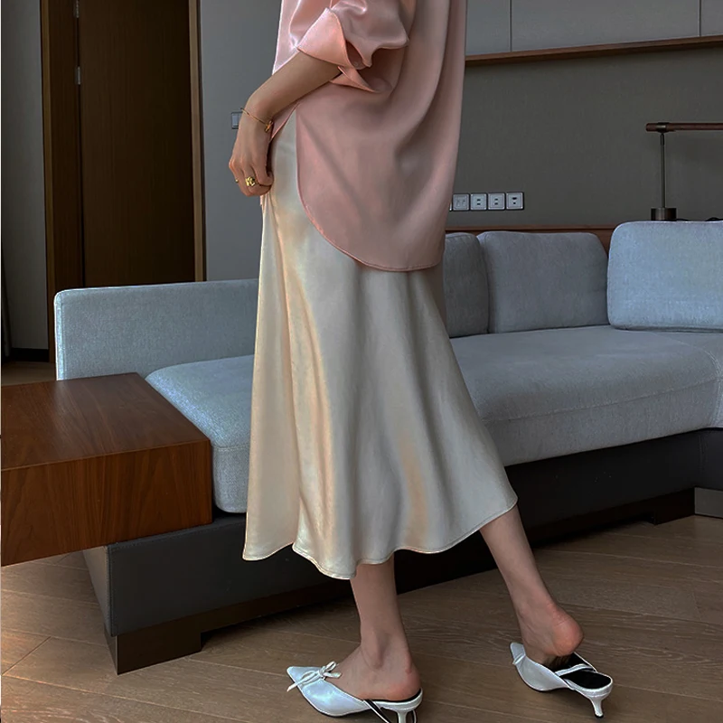 Móda Elegantné Hodvábny Satén Sukne Ženy Vysoký Pás Fitness Sukne Office Dámy Francúzska Farbou Dlhé Sukne 3