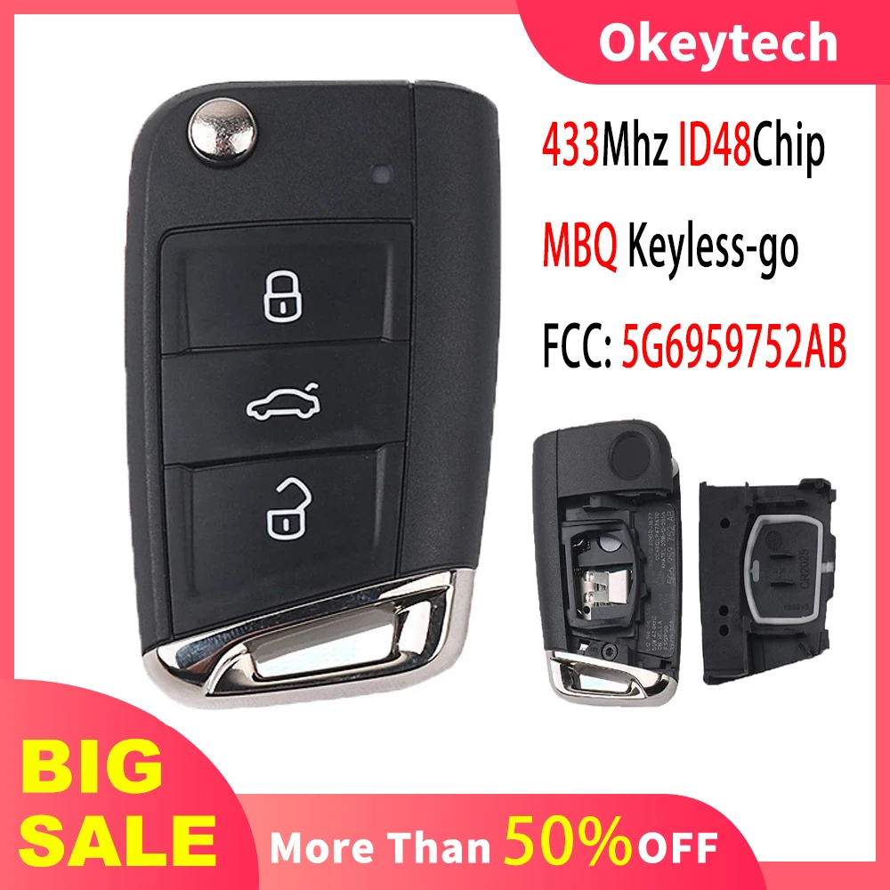 OkeyTech 3 Tlačidlo MQB Typ Keyless-go Smart Auto Diaľkové Tlačidlo Pre VW Golf 7 MK7 Touran Polo Seat Tiguan L 434Mhz ID48 5G6959752AB 1