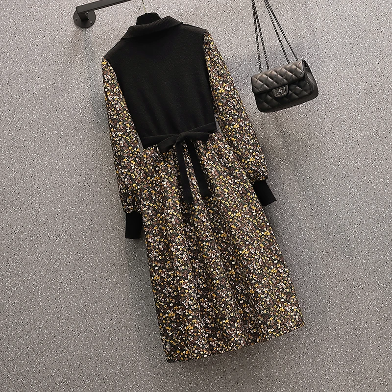 Plus veľkosť Jeseň Zima ženy Šaty s Dlhým Rukávom tlač šifón Patchwork pletené Svetre Šaty Elegantné Vintage Šaty Ženy 2