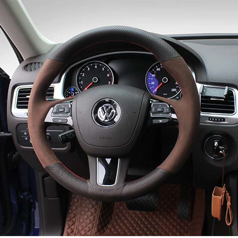 Pre Volkswagen VW Touareg Multicolor Semiš Kožený Volant, Kryt Značky Stitch Wrap Kryt 4