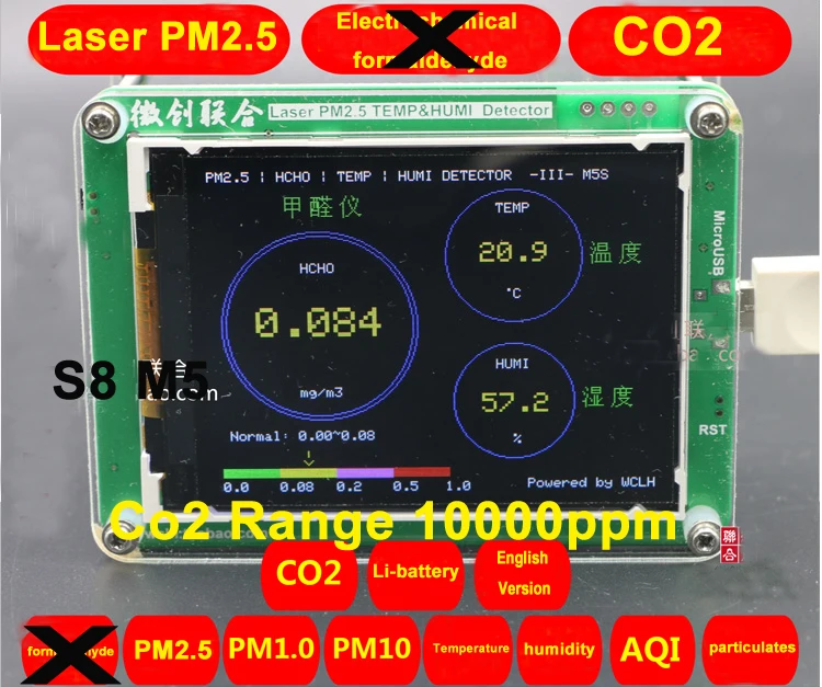 S8 M5 CO2 Snímač PM2.5 PM1.0 PM10 Co2 detektor PM2.5 prachu a oparu Laserový snímač Teploty a vlhkosti TFT LCD s akumulátorom 0