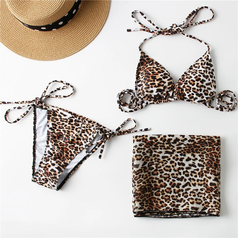 V-X leopard bikiny tlač 3 kus plavky ženy kúpanie obleky, sukne, plavky conjunto biquinis feminino trajes de baño mujer 1