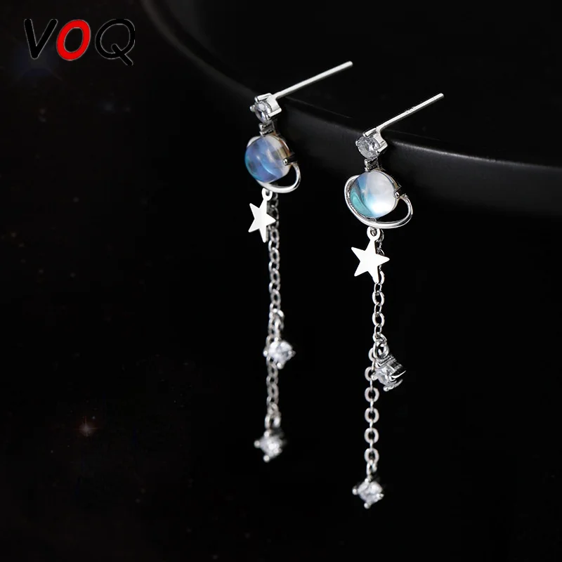VOQ Micro Vložkou Zirkón Star Náušnice pre Ženy, Modrá Priestor Vesmíru Planéty Kruhu Dlhý Strapec Módne Náušnice Tvorivosti Šperky 3