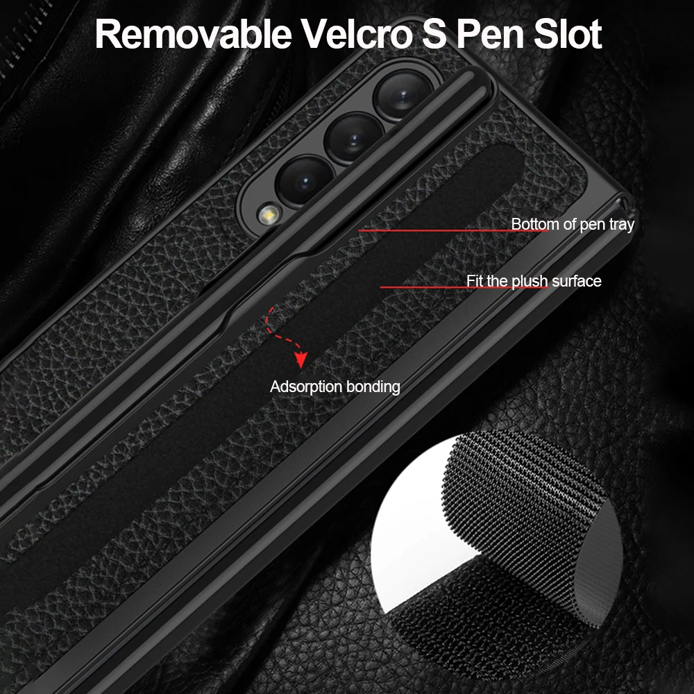 Vymeniteľné Suchým zipsom S Pen Slot obal Pre Samsung Galaxy Z Zložiť 3 Veci s Držiak na Pero Kožený obal pre Samsung Z Fold3 5G Capa 3