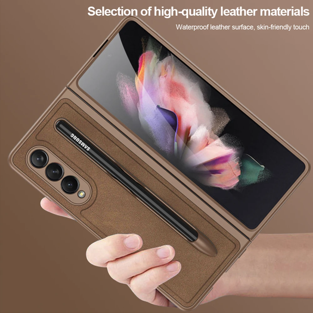 Vymeniteľné Suchým zipsom S Pen Slot obal Pre Samsung Galaxy Z Zložiť 3 Veci s Držiak na Pero Kožený obal pre Samsung Z Fold3 5G Capa 4