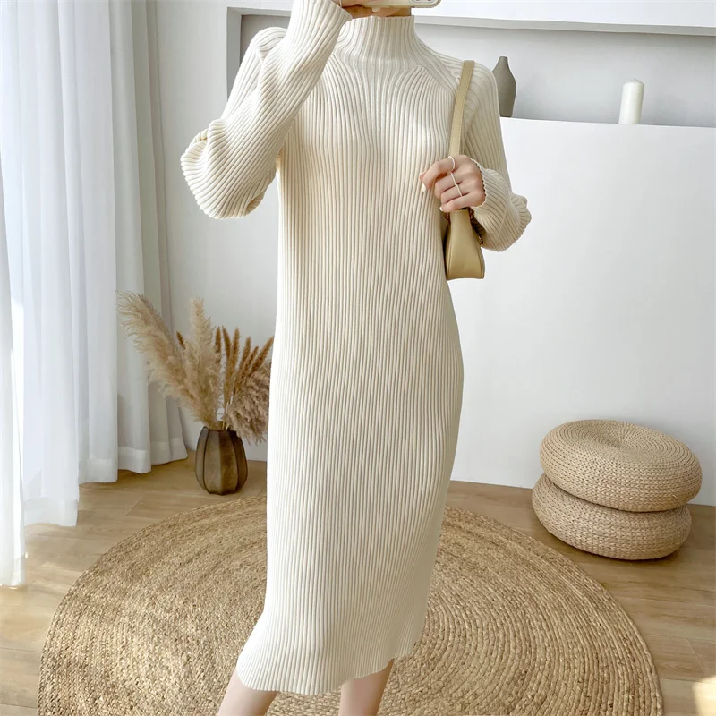 Vysoký Pás Pol Vysoký Golier Sveter Šaty Žien Kórejský Šaty Zimné Pletené Bežné Hrubé Pevné 2021 Teplej Elegantnej Ženy Vestido 3