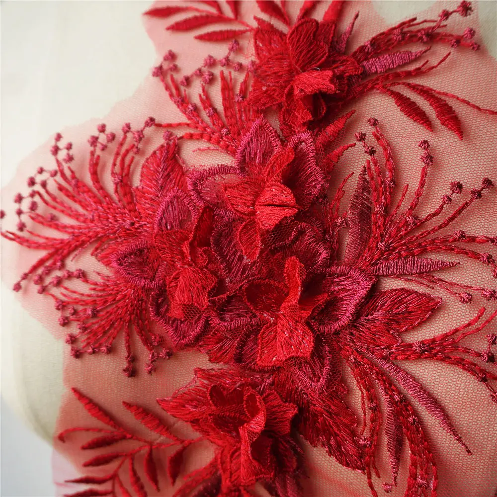 Červenej Čipky Textílie 3D Kvet Strapec Svadobné Šaty Appliques Vyšívaný Golier Oka Šiť Patch Pre Šaty DIY Dekorácie 0