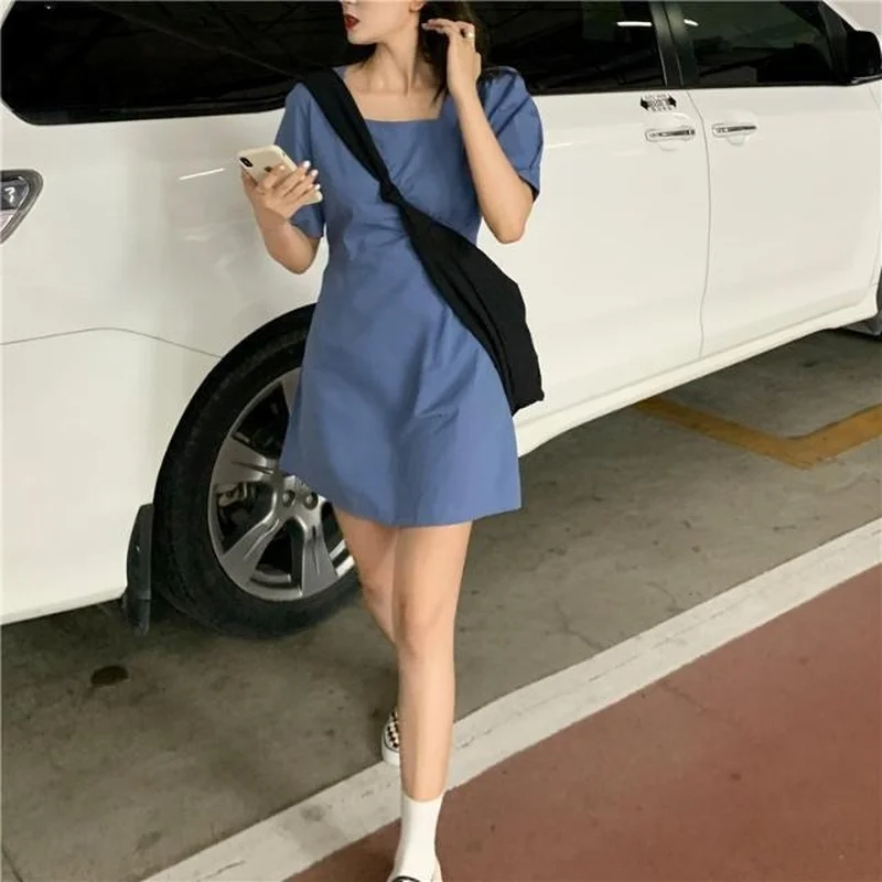 Šaty Ženy Krátke Lístkového Rukáv Pevné Farba Čierna Modrá Fashion Square Golier Vintage Pás Objímanie Backless Kórejský Dovolenku Strany 2