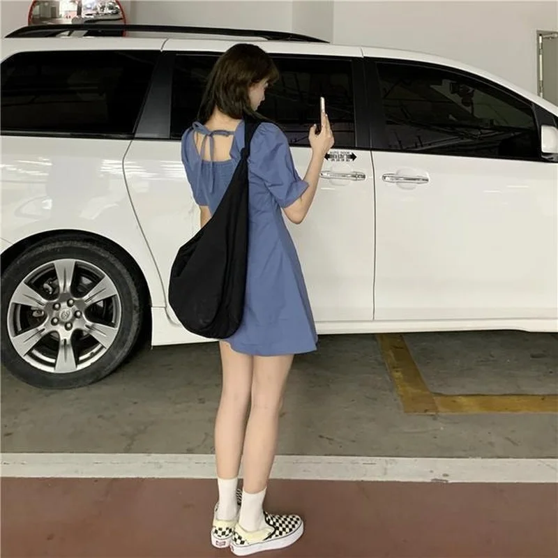 Šaty Ženy Krátke Lístkového Rukáv Pevné Farba Čierna Modrá Fashion Square Golier Vintage Pás Objímanie Backless Kórejský Dovolenku Strany 5