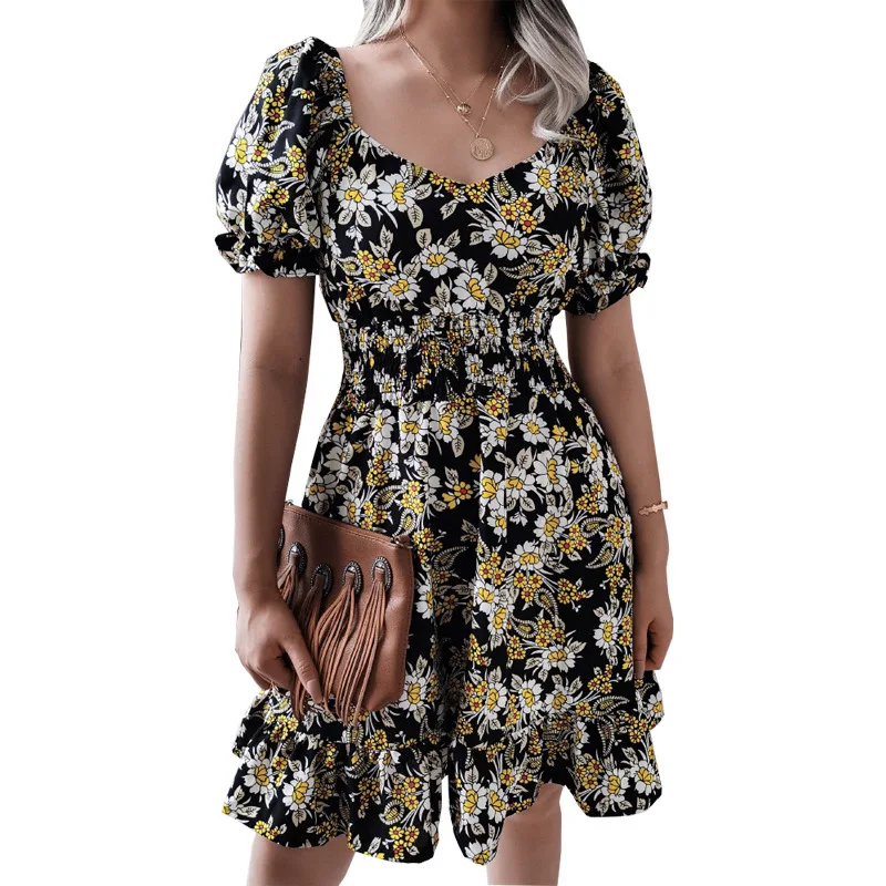 Ženy Bežné Kvetinový Krátke Letné Šaty Elegantné Lístkového Rukáv Prehrabať Plážové Šaty 2022New Lete Milosť Retro Party Šaty 2